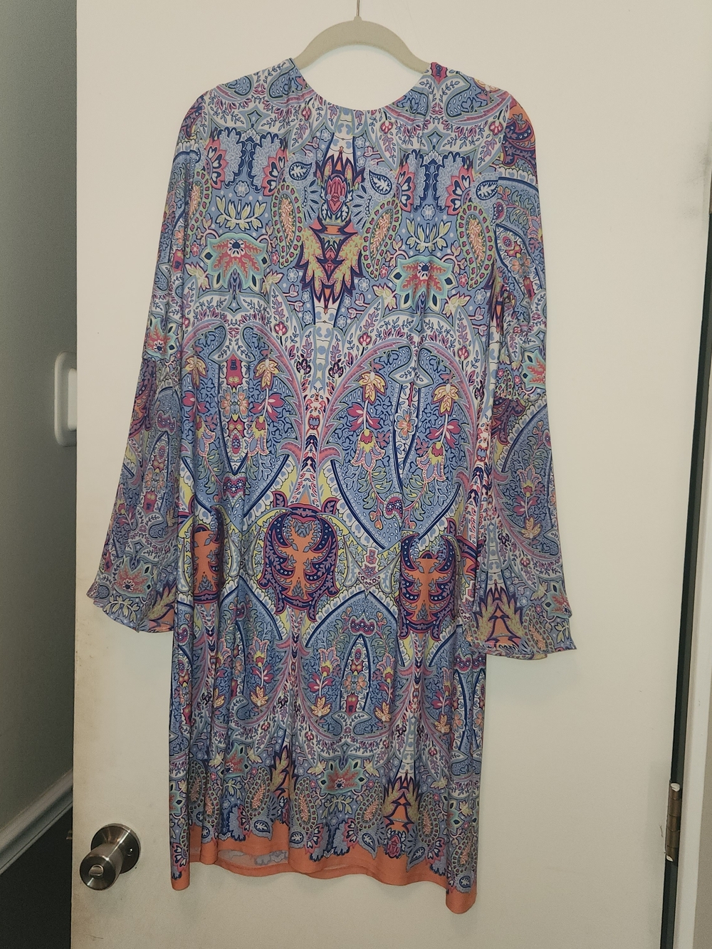 Paisley Long-Sleeve Shift Dress in Blue and Coral L